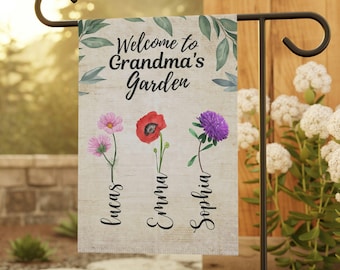 Gepersonaliseerde oma's bloemen tuinvlag, geboortemaand bloem gepersonaliseerde vlag, geboorte bloementuinvlag, kleinkinderen naam buitendecor