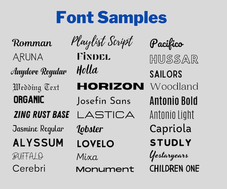 May include: A chart of different font styles, including Romman, Playlist Script, Pacifico, ARUNA, FİNDEL, Hussar, Anydore Regular, Holla, Sailors, Wedding Text, HORIZON, Woodland, Organic, Josefin Sans, Antonio Bold, Zing Rust Base, LASTICA, Antonio Light, Jasmine Regular, Lobster, Capriola, ALYSSUM, LOVELO, STUDLY, BUFFALO, Mixa, Yestaryears, Cerebri, and Monument.