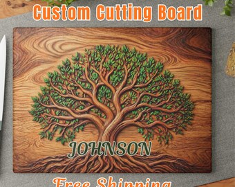 Custom Cutting Board, Custom Tree of Life Tempered Glass Cutting Board, Personalized Family Name Charcuterie Board