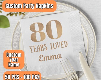 Servilletas de cóctel para celebrar 80 años, decoración para fiesta de 80 cumpleaños, servilletas personalizadas para 80 cumpleaños, servilletas doradas para 80 cumpleaños