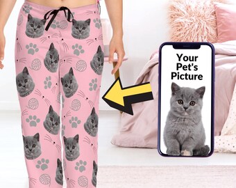 Gepersonaliseerde pyjamabroek met foto, aangepaste kat vrouwenpyjama, pyjama huisdier gezicht, pyjama huisdier, aangepaste pyjama huisdier, gepersonaliseerd cadeau huisdier