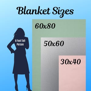 May include: A diagram showing different blanket sizes with a silhouette of a person standing next to them. The blanket sizes are 60x80 inches, 50x60 inches, and 30x40 inches.