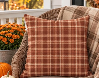 Plaid Accent Pillow, Fall Plaid Pillow, Neutral Tartan Pillow, Rust Orange Tartan Throw Pillow, Farmhouse Porch Decor, Autumn Patio Cushion