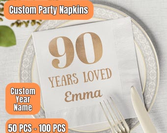 90 Years Loved Cocktail Napkins, 90th Birthday Party Decor, 90th Birthday Décor, Custom Napkin For 90th Birthday, Gold Foil Napkins For 90th