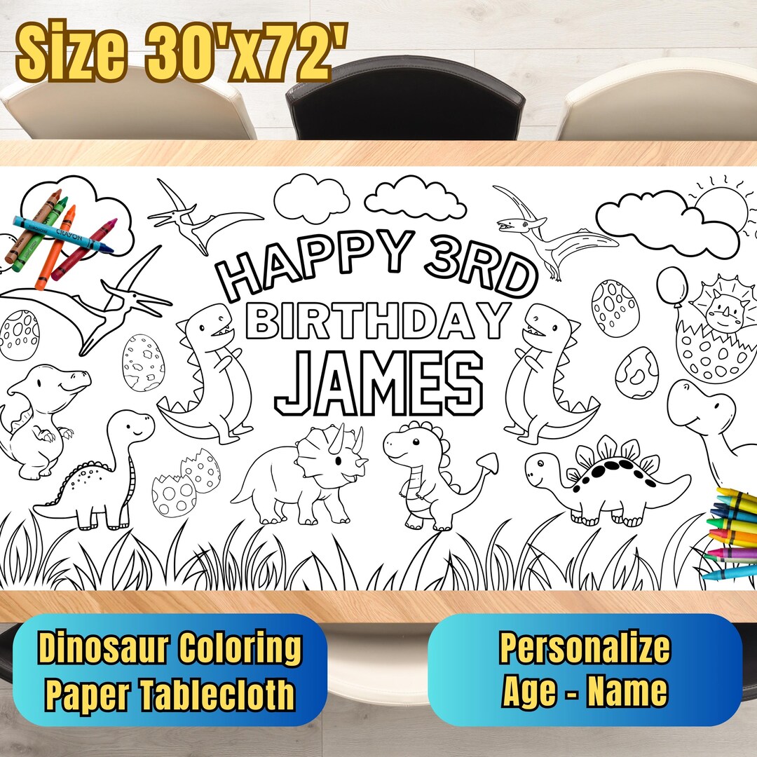 Custom Dinosaur Coloring Tablecloth, T-rex Party Games Activity Poster ...