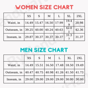 Op de afbeelding: Een maattabel voor dames- en herenkleding. De tabel toont de maten in inches voor taille, buitennaad en binnennaad voor de maten XS, S, M, L, XL en 2XL.