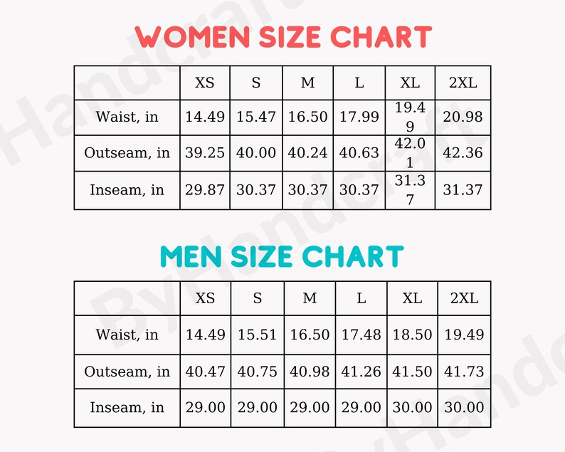 Op de afbeelding: Een maattabel voor dames- en herenkleding. De tabel toont de maten in inches voor taille, buitennaad en binnennaad voor de maten XS, S, M, L, XL en 2XL.