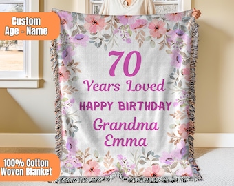 Personalized 70th Birthday Woven Blanket, Custom 70 Years Loved Blanket, Custom Grandma Birthday Blanket, Personalized Woven Blanket Grandma