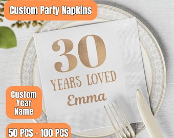Guardanapos de coquetel amados por 30 anos, decoração para festa de 30 anos, decoração para festa de 30 anos, guardanapo personalizado para 30 anos, guardanapos dourados para 30 anos