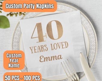 Serviettes cocktail 40 ans d'amour, décoration de fête 40e anniversaire, décoration 40e anniversaire, serviette de table personnalisée pour 40e anniversaire, serviettes en feuille d'or pour 40e anniversaire