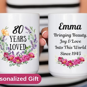 Personalized 80th Birthday Mug: Wildflower Design, Custom Name
