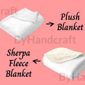 May include: Two white blankets, one folded and one rolled, with text indicating they are a plush blanket and a sherpa fleece blanket.
