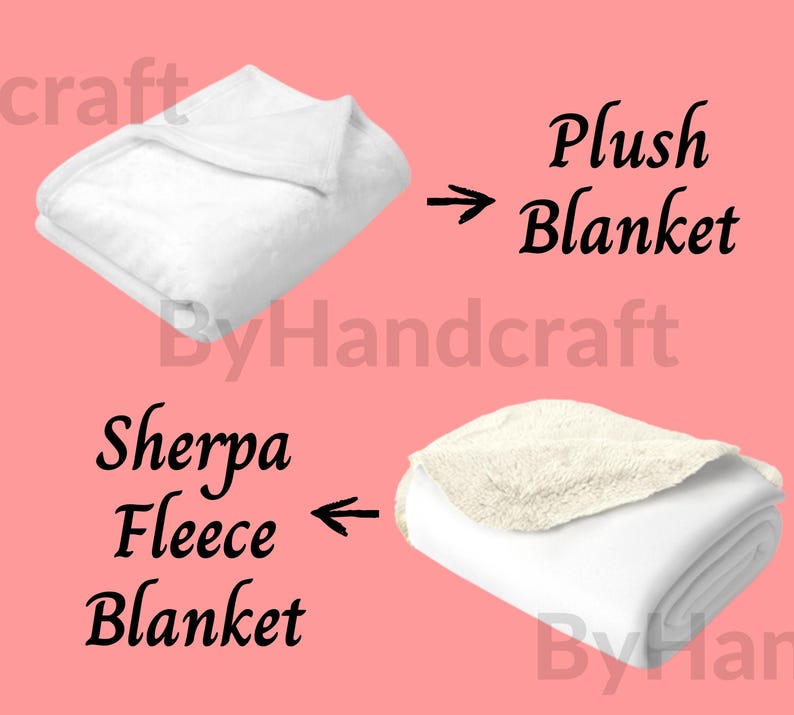 May include: Two white blankets, one folded and one rolled, with text indicating they are a plush blanket and a sherpa fleece blanket.