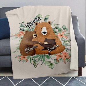 Benutzerdefinierte Mama Bär Blumendecke, Muttertagsgeschenk von Kindern, Benutzerdefiniertes Vatertagsgeschenk, niedliche einzigartige Boho Wildblumen Mutter Bär Decke