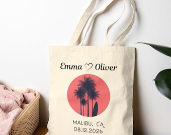 Custom Tropical Wedding Welcome Tote Bag, Palm Tree Wedding Tote Bag With Names