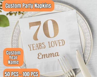 70 Years Loved Cocktail Napkins, 70th Birthday Party Decor, 70th Birthday Decor, Custom Napkin For 70th Birthday, Gold Foil Napkins For 70th