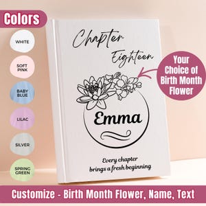 Pode incluir: Um livro branco com o texto "Chapter Eighteen" e o nome "Emma" em um círculo, com um design floral. A capa do livro também inclui a frase "Every chapter brings a fresh beginning."