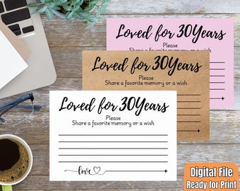 Biglietti "Amati per 30 anni", biglietti per il 30° compleanno, biglietti per la festa del 30° compleanno, biglietti stampabili per il 30° compleanno, condividi un ricordo preferito o un desiderio