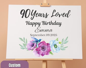 Pancarta "90 años de amor", cartel de bienvenida para fiesta de 90 cumpleaños imprimible, cartel de bienvenida floral para fiesta de 90 cumpleaños, decoraciones para fiesta de 90 cumpleaños