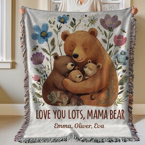 Custom Mama Bear Blanket, Gift for Mom, Mothers Day Present from Kids, Woven Throw Birthday Blanket, Cute Unique Thoughtful Birthday Gift