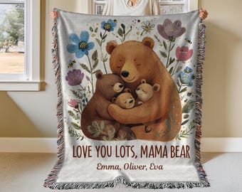Custom Mama Bear Blanket, Gift for Mom, Mothers Day Present from Kids, Woven Throw Birthday Blanket, Cute Unique Thoughtful Birthday Gift