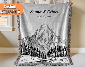 Custom Mountain Woven Blanket, Anniversary Woven Blanket, Couple Name Date Woven Blanket, Forest Wedding Gift, Anniversary Gift Idea