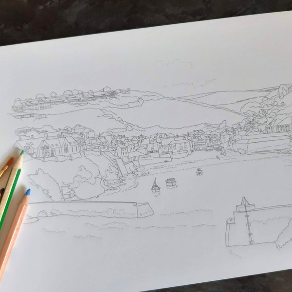 Colour Sketch Cornwall Port Isaac Landscape Colouring Download