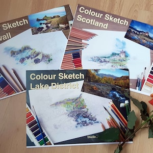 Boceto en color Paquete de paisajes clásicos para colorear y pintar - libro para colorear y guía - All 3: Lake District, Cornwall, Escocia