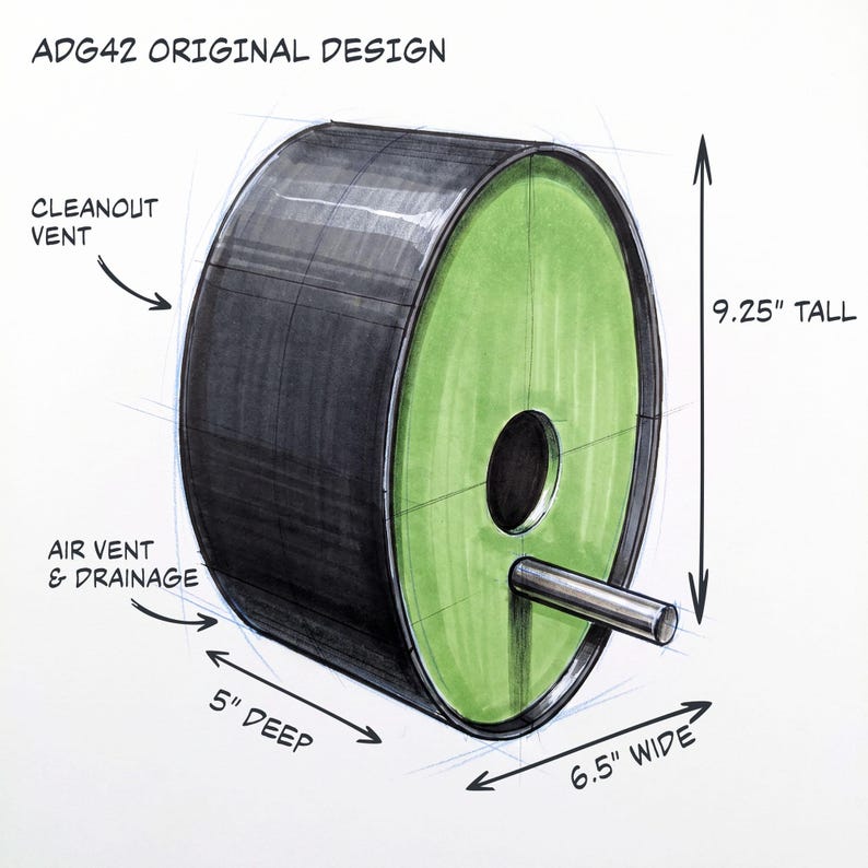 May include: A technical sketch labeled ADG42 ORIGINAL DESIGN showing a cylindrical object with a green front face, a black side, and a protruding metal rod. Dimensions are 9.25 inches tall, 6.5 inches wide, and 5 inches deep, with labeled vents.
