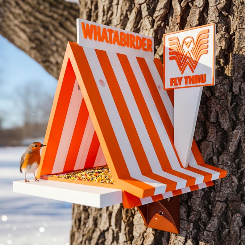 May include: A triangular bird feeder with orange and white stripes, featuring the text WHATABIRDER and a sign reading FLY THRU with a stylized W logo. A small robin stands on the white platform filled with birdseed, attached to a tree trunk.