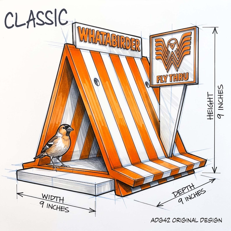 May include: A sketch of an A-frame birdhouse with orange and white stripes, labeled "WHATABIRDER" and "FLY THRU" with a bird illustration. The design includes dimensions of 9 inches in height, 9 inches in width, and 9 inches in depth, marked ADG42.