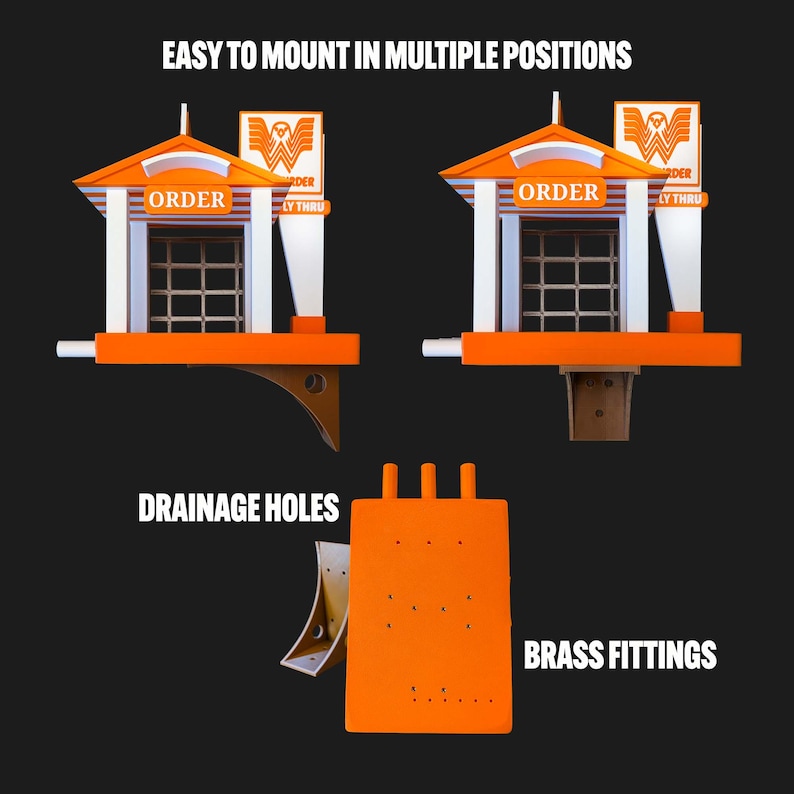 May include: An orange and white birdhouse shaped like a fast-food restaurant with a sign that reads ORDER and a logo with a W. The structure features a grid window, a roof, and a side sign. The base includes drainage holes and brass fittings.