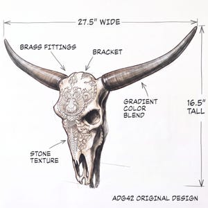 May include: A bull skull wall decoration featuring intricate carved patterns, brass fittings, and a bracket. The skull displays a stone texture and a gradient colour blend on the horns. It measures 27.5 inches wide and 16.5 inches tall. ADG42 ORIGINAL DESIGN.