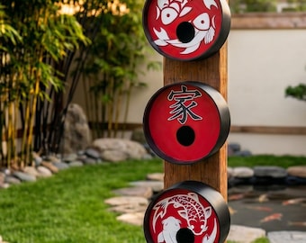 May include: Three circular birdhouses mounted vertically on a wooden post. The top and bottom units feature white koi fish designs on red backgrounds. The middle unit displays a black Chinese character on a red background. Each has a black entry hole.