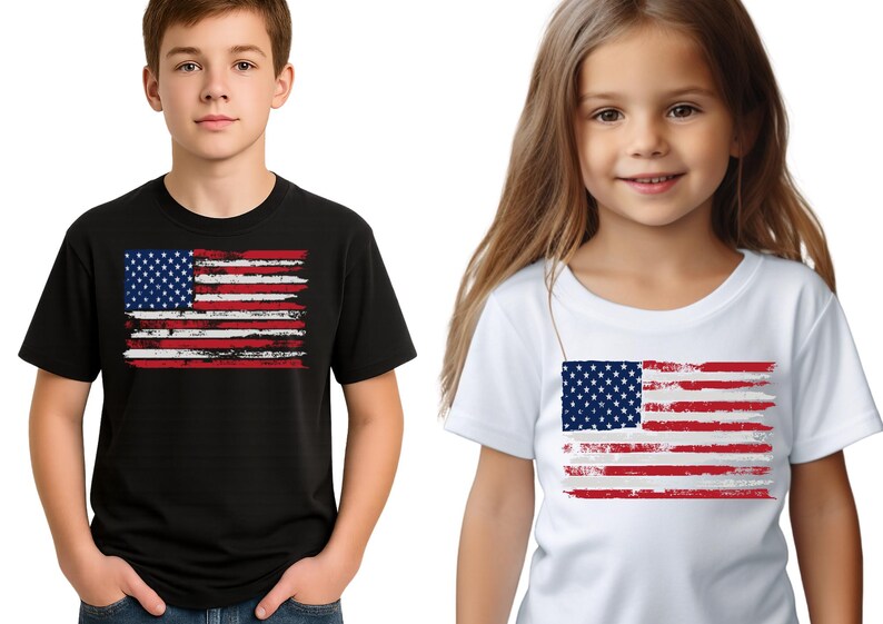 May include: Two children wearing t-shirts with a distressed American flag design. One shirt is black, the other is white. The flag features a blue square with white stars and red and white stripes.