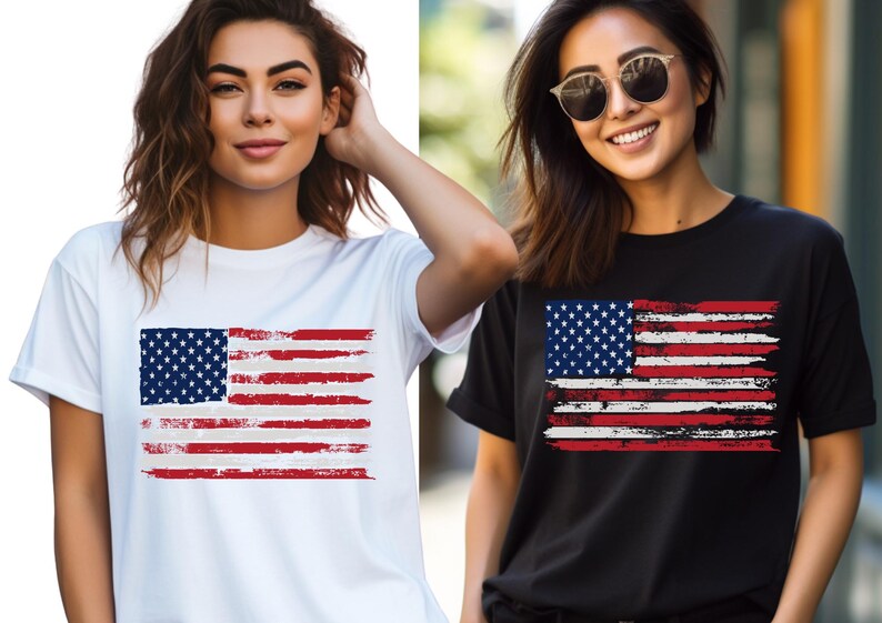 May include: Two women wearing t-shirts with a distressed American flag design. One shirt is white, the other is black. The flag features a blue square with white stars and red and white stripes.