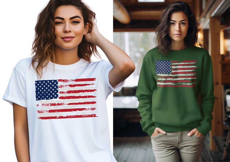 May include: White t-shirt and green sweatshirt featuring a distressed American flag design. The flag has a blue square with white stars and red and white stripes. The t-shirt is short-sleeved, and the sweatshirt is long-sleeved.