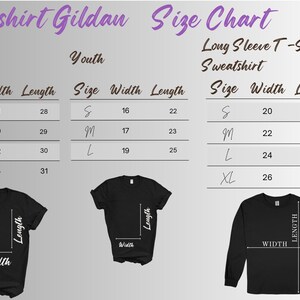 May include: A size chart for Gildan t-shirts, youth t-shirts, and long-sleeve sweatshirts. The chart displays sizes S, M, L, and XL, with measurements in inches for width and length. Black t-shirts and a long-sleeve shirt are shown.