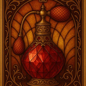 Puede incluir: Ilustración ornamentada con un frasco de perfume rojo con diseño facetado, un atomizador dorado y una pera a juego. La palabra "JULY" está en la parte superior. El fondo es de un tono dorado cálido, con volutas decorativas.