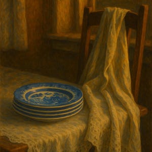 Puede incluir: Una pila de cuatro platos decorativos azules y blancos con un diseño floral se encuentra sobre una mesa cubierta con un mantel de encaje. Una silla de madera con un paño amarillo drapeado está en el fondo.