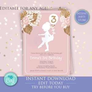 Ballerina Invitation, Editable Pink Ballerina Invite, Ballet Birthday Invitation, Boho Ballerina Invitation, Any age ballet invitation