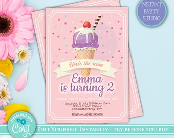 Ice Cream Birthday Invitation,  Here's the Scoop Cone Party Invite, pink ice cream birthday invite, Ice Cream Birthday Invite