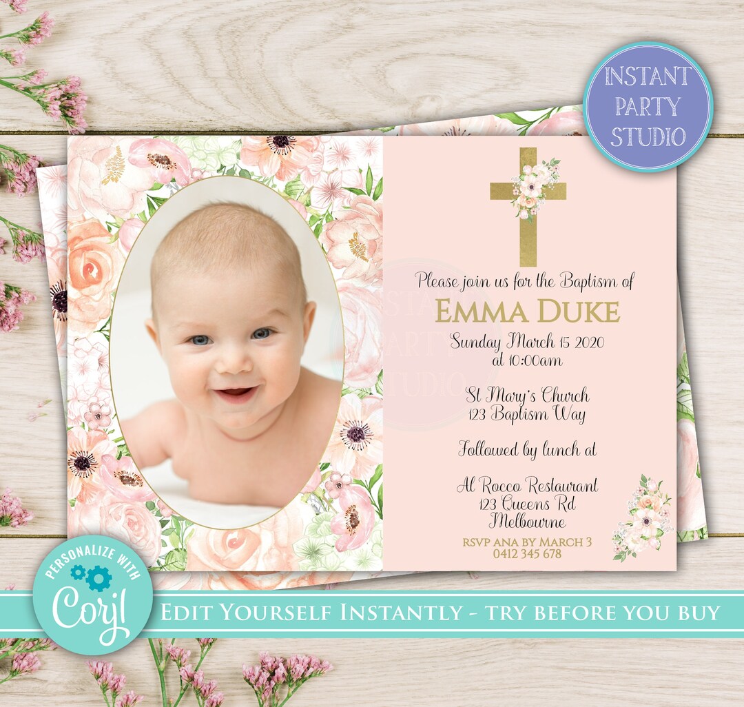 Girl Baptism Photo Invitation Photo Invite for Baptism Etsy