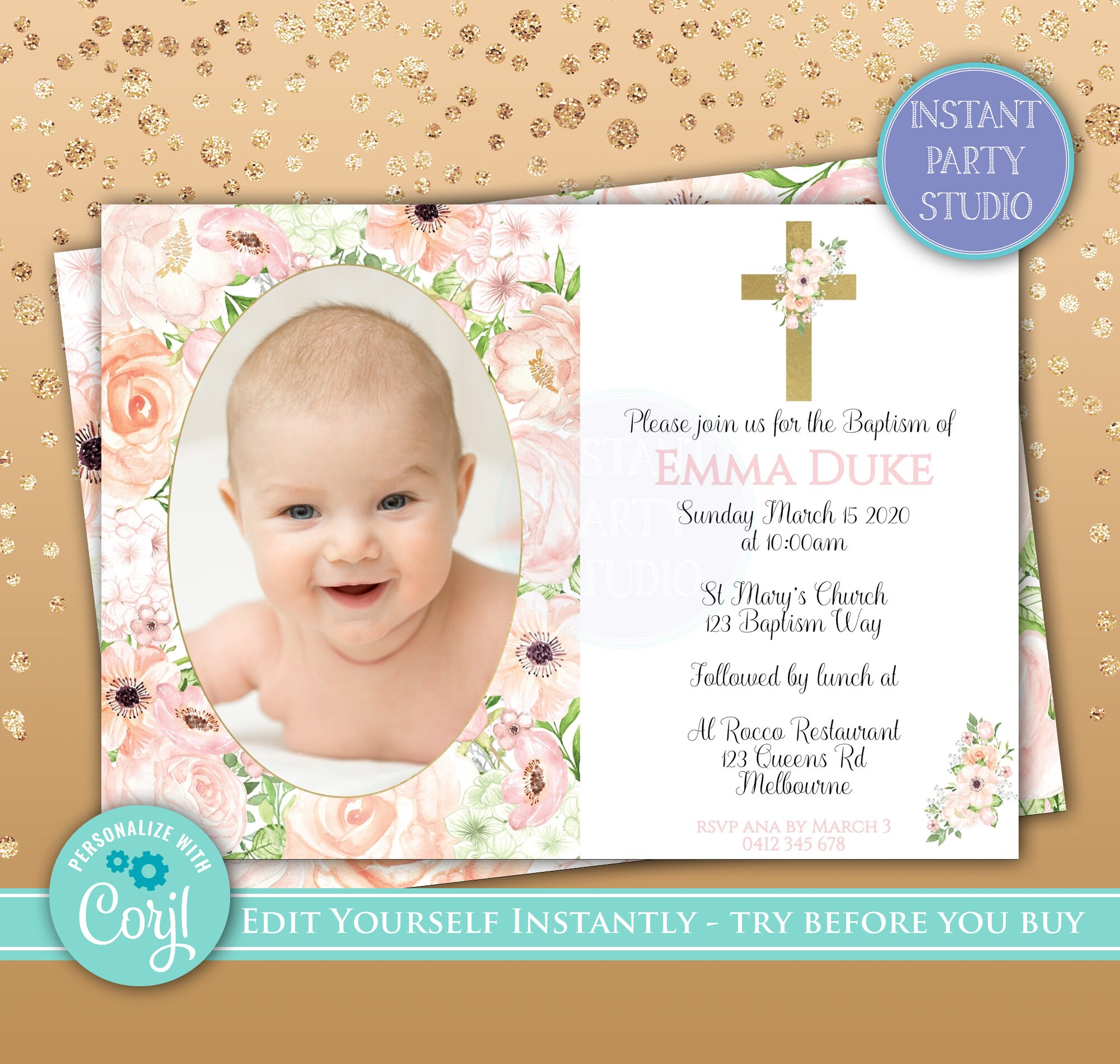 Girl Baptism Photo Invitation Photo Invite for Baptism Etsy