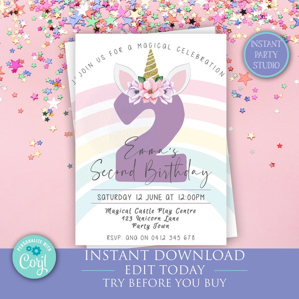 Editable 2nd Birthday Unicorn Birthday, Unicorn Invite for 2nd Birthday,  Unicorn 2nd Birthday Invitation, Unicorn Any Age Birthday Invite