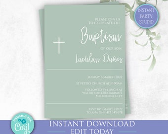 Sage Baptism Invitation, Sage Baptism Invite, Sage Christening Invitation, Sage editable invite