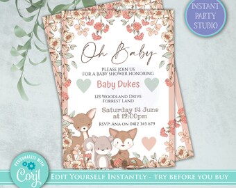 Woodland animals baby shower invitation, woodland baby shower invite, baby shower animals invite, forrest animals baby shower invitation