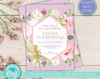 Fairy Garden Birthday Invitation, Fairy Invite, Floral Fairy Birthday Invites for 1st birthday, fairy 2nd birthday, 3rd birthday