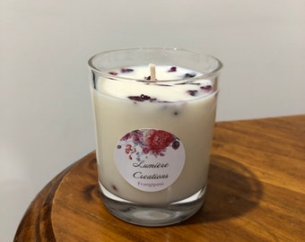 Handpoured scented Soy Candle with infused rose petals