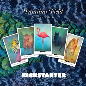 Puede incluir: Cinco cartas de or&aacute;culo con ilustraciones de animales y texto. Las cartas est&aacute;n dispuestas en semic&iacute;rculo sobre un fondo azul y verde. El texto en las cartas dice "Familiar Field Oracle", "The Bear", "The Flamingo", "The Cat", "The Leopard", "Protection Courage Rest", "Grace Balance Vibrancy", "Curiosity Autonomy Magic", "Power Strength Ambition", "Community Work Harmony".